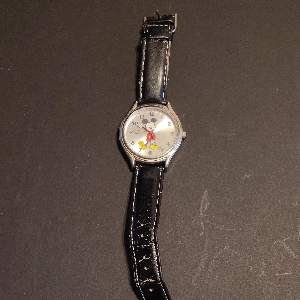 Vintage Disney Black and Silver Mickey Mouse Wristwatch